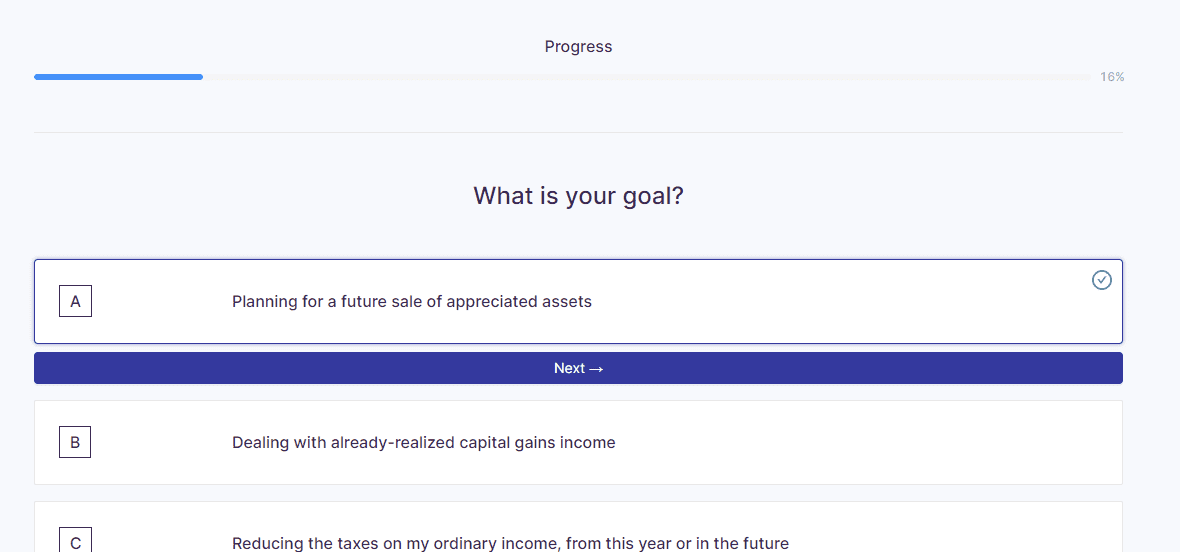 Choose your financial and tax goals and the tool will point you in the right direction